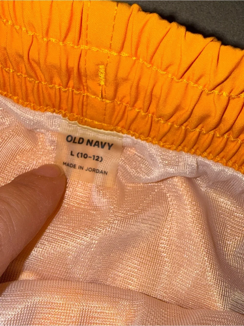 Old Navy boys size L 10-12 swim trunks yellowish orange with blue drawstring